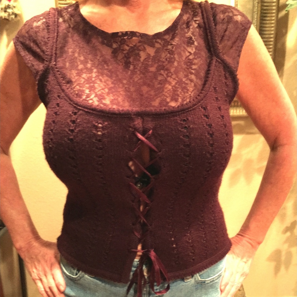 Soft and sexy Burgundy Lace and knit ladies top